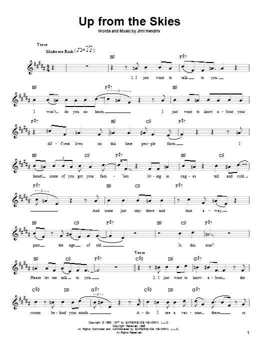 Jimi Hendrix Up From The Skies Sheet Music Notes & Chords for Melody Line, Lyrics & Chords - Download or Print PDF