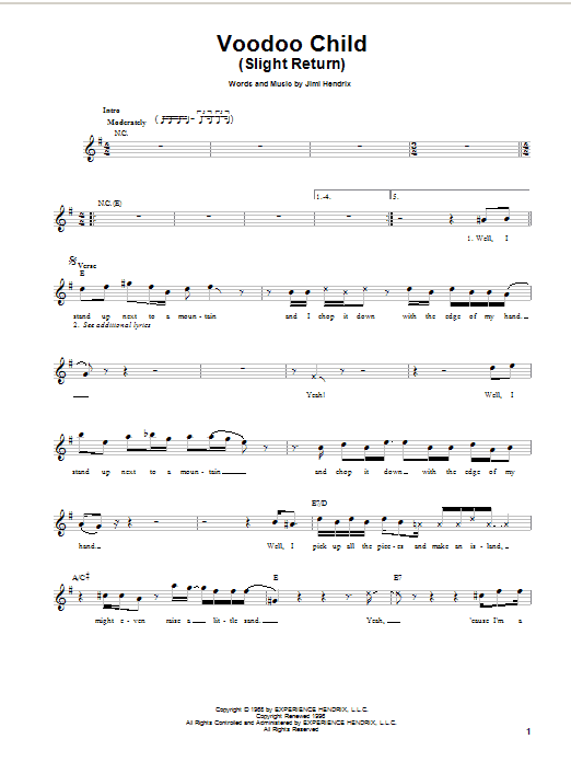 Jimi Hendrix Voodoo Child (Slight Return) Sheet Music Notes & Chords for Piano, Vocal & Guitar (Right-Hand Melody) - Download or Print PDF