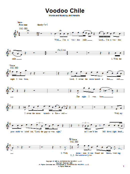 Jimi Hendrix Voodoo Chile Sheet Music Notes & Chords for Melody Line, Lyrics & Chords - Download or Print PDF