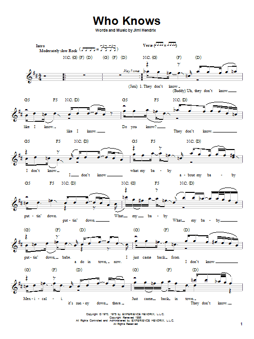 Jimi Hendrix Who Knows Sheet Music Notes & Chords for Melody Line, Lyrics & Chords - Download or Print PDF
