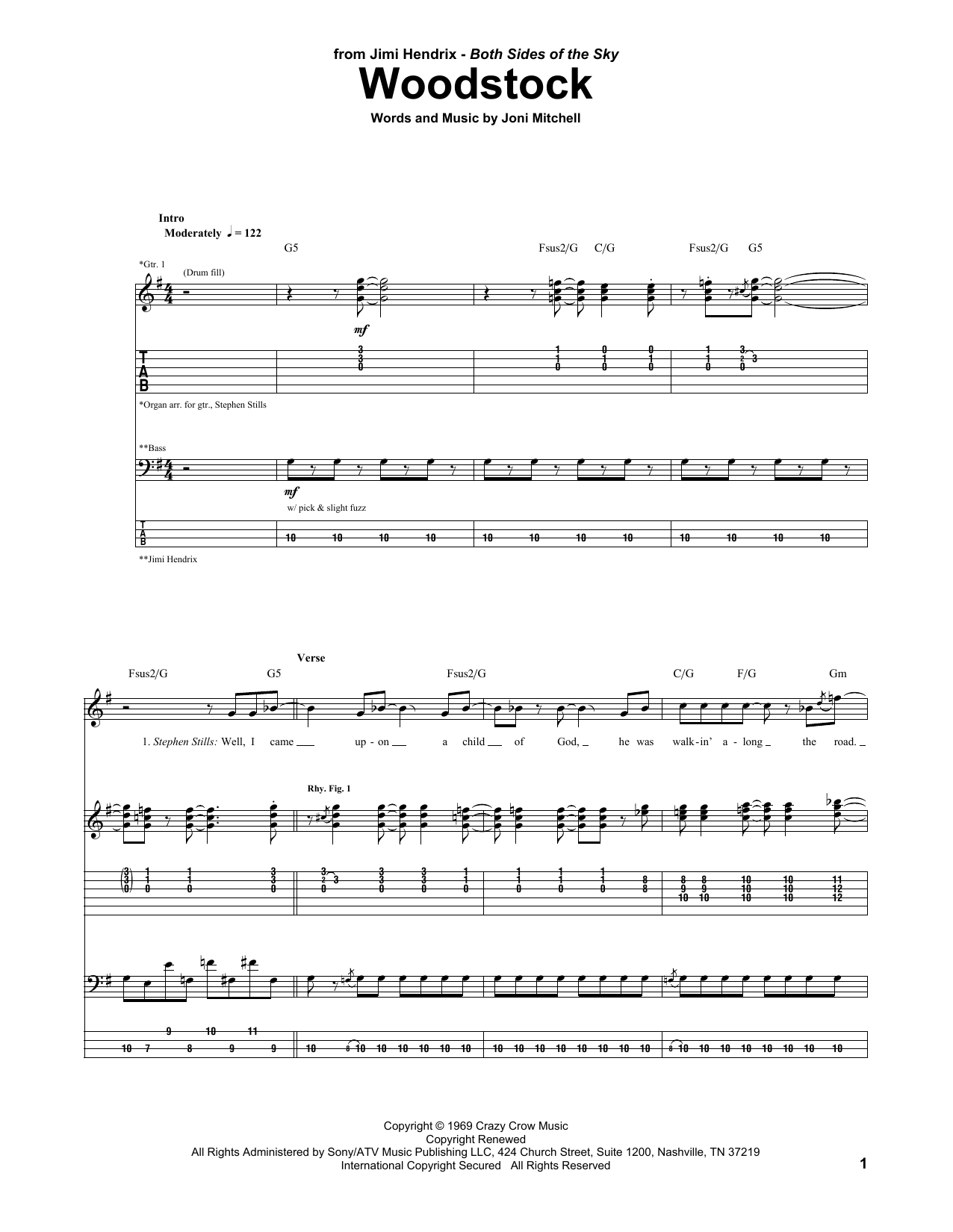 Jimi Hendrix Woodstock Sheet Music Notes & Chords for Guitar Tab - Download or Print PDF