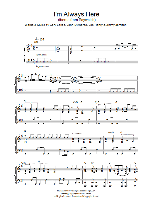 Jimi Jamison I'm Always Here (theme from Baywatch) Sheet Music Notes & Chords for Piano - Download or Print PDF