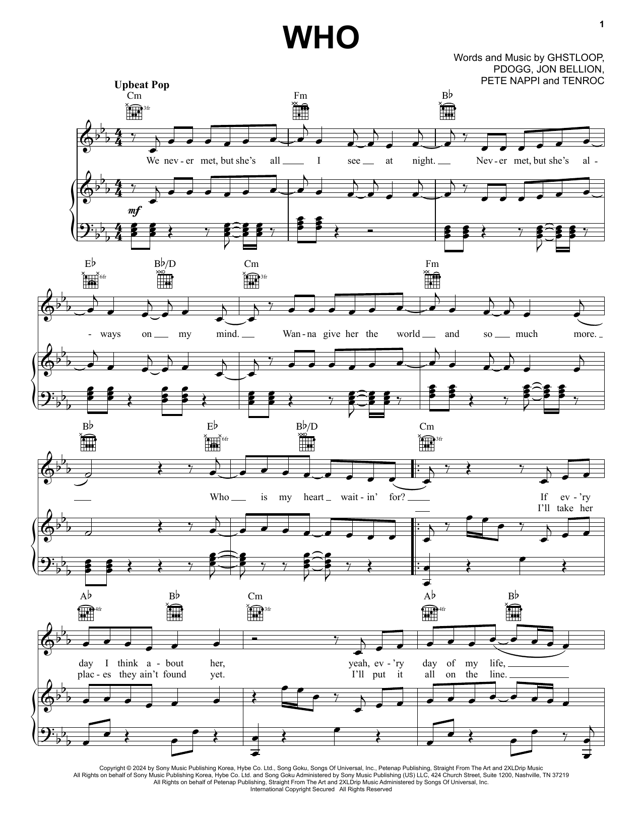 Jimin Who Sheet Music Notes & Chords for Piano, Vocal & Guitar Chords (Right-Hand Melody) - Download or Print PDF
