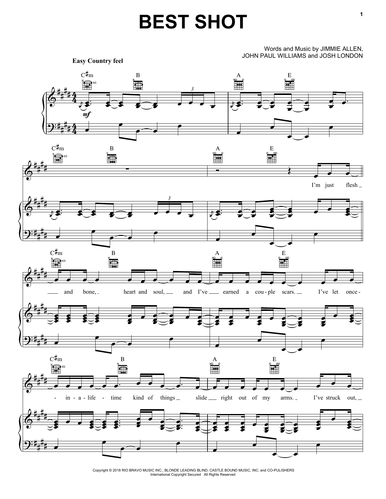 Jimmie Allen Best Shot Sheet Music Notes & Chords for Piano, Vocal & Guitar (Right-Hand Melody) - Download or Print PDF
