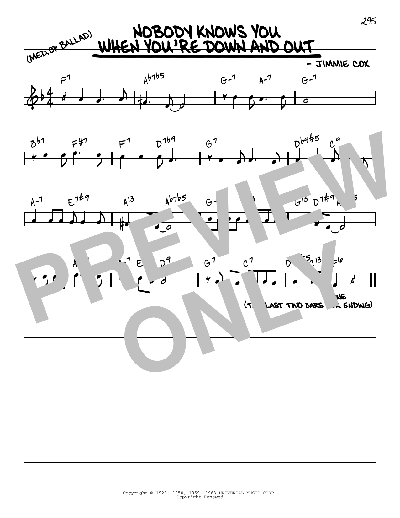Jimmie Cox Nobody Knows You When You're Down And Out [Reharmonized version] (arr. Jack Grassel) Sheet Music Notes & Chords for Real Book – Melody & Chords - Download or Print PDF