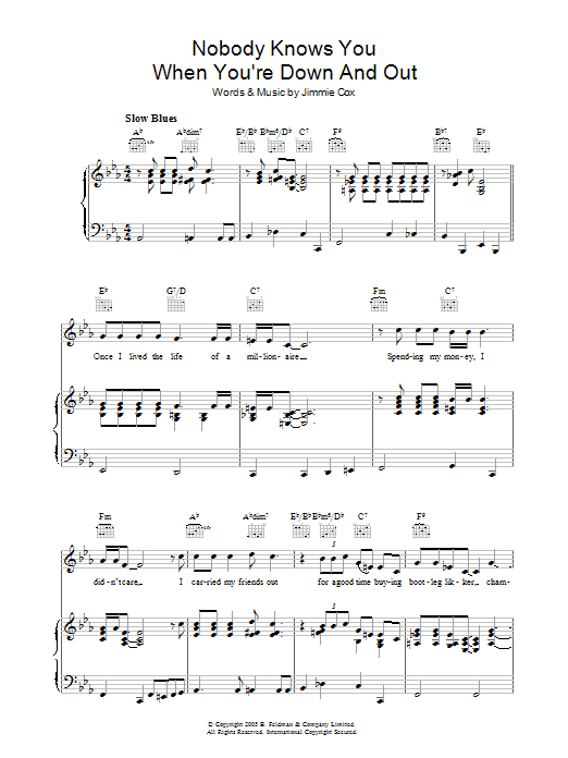 Jimmie Cox Nobody Knows You When You're Down And Out Sheet Music Notes & Chords for Keyboard - Download or Print PDF