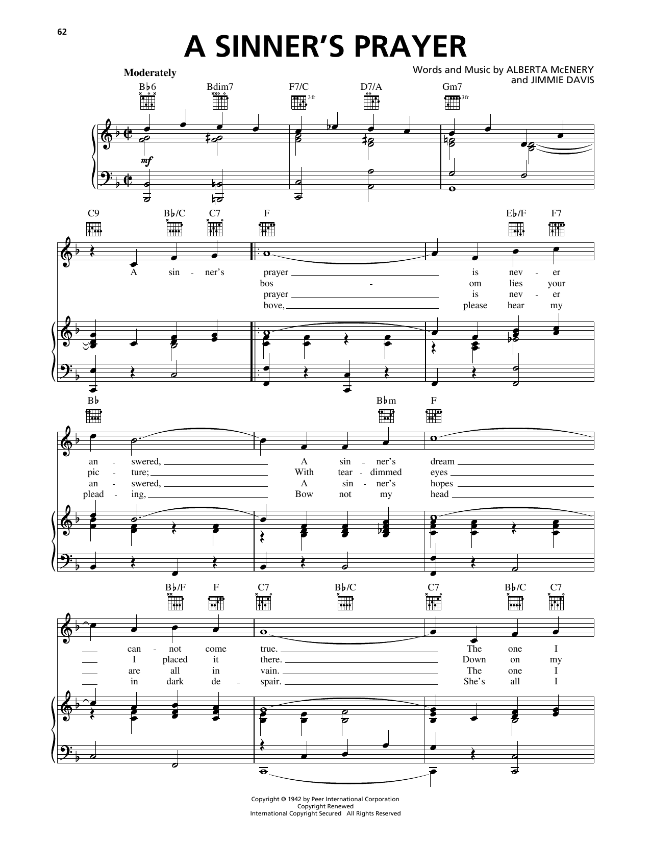 Jimmie Davis A Sinner's Prayer Sheet Music Notes & Chords for Piano, Vocal & Guitar Chords (Right-Hand Melody) - Download or Print PDF