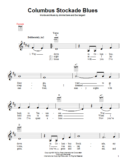 Jimmie Davis Columbus Stockade Blues Sheet Music Notes & Chords for Real Book – Melody, Lyrics & Chords - Download or Print PDF