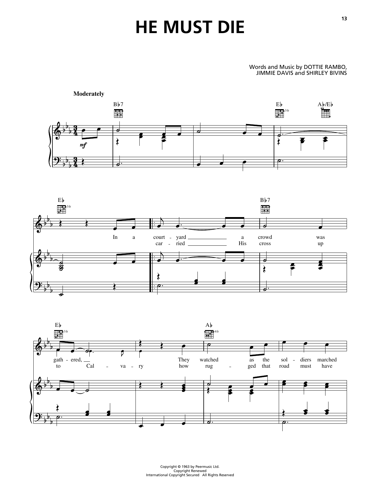 Jimmie Davis He Must Die Sheet Music Notes & Chords for Piano, Vocal & Guitar Chords (Right-Hand Melody) - Download or Print PDF