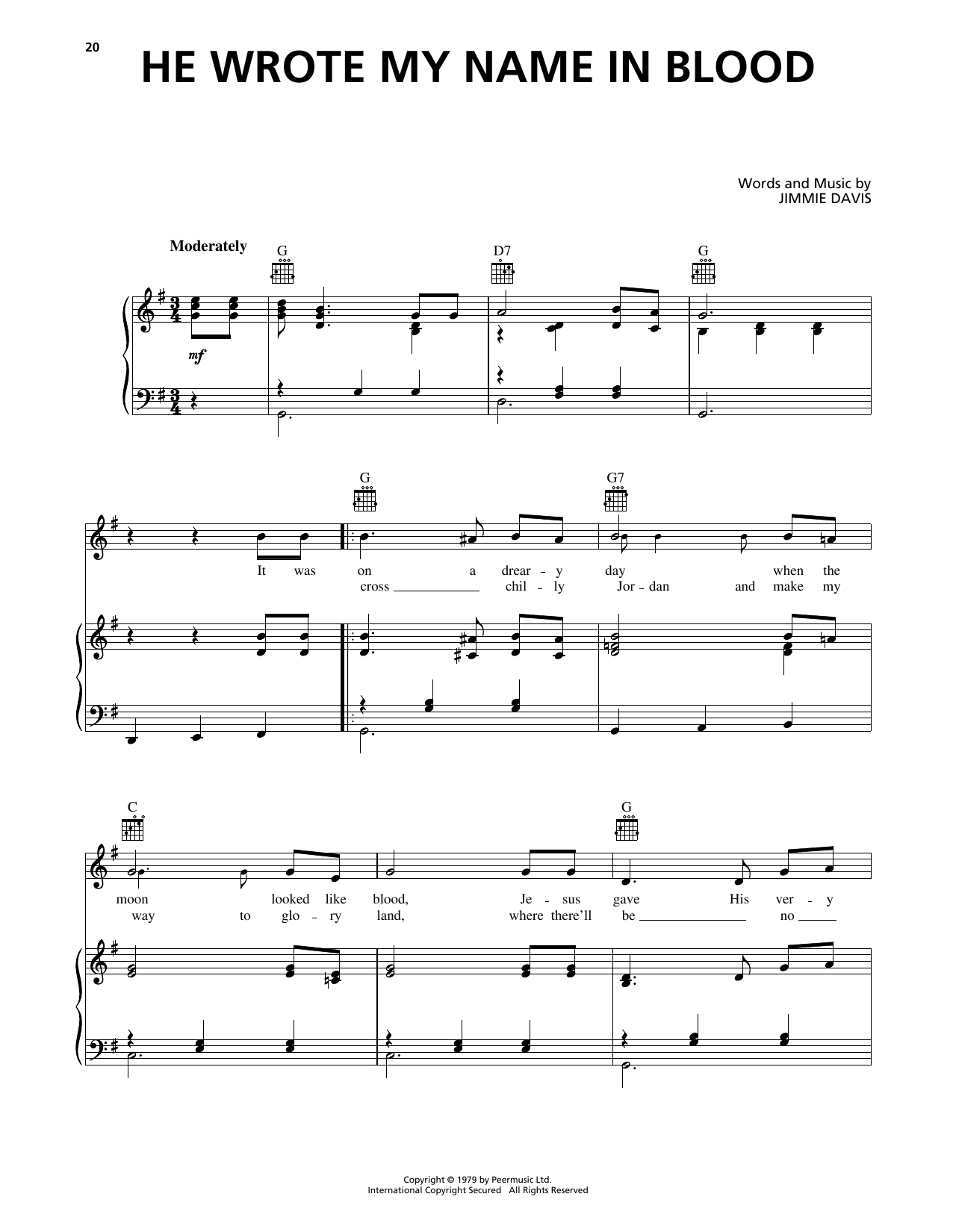 Jimmie Davis He Wrote My Name In Blood Sheet Music Notes & Chords for Piano, Vocal & Guitar Chords (Right-Hand Melody) - Download or Print PDF