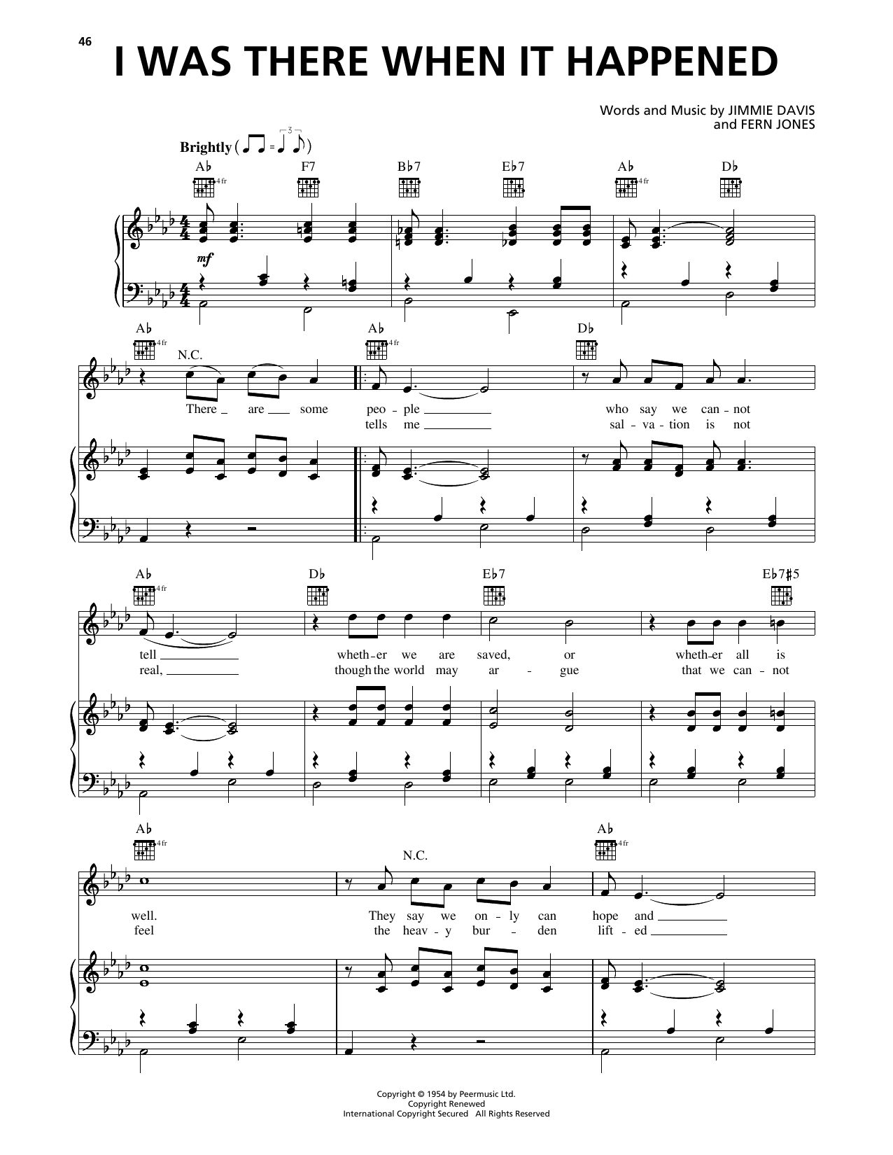 Jimmie Davis I Was There When It Happened Sheet Music Notes & Chords for Piano, Vocal & Guitar Chords (Right-Hand Melody) - Download or Print PDF