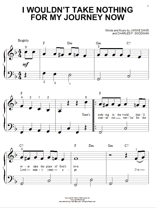 Jimmie Davis I Wouldn't Take Nothing For My Journey Now Sheet Music Notes & Chords for Piano, Vocal & Guitar Chords (Right-Hand Melody) - Download or Print PDF