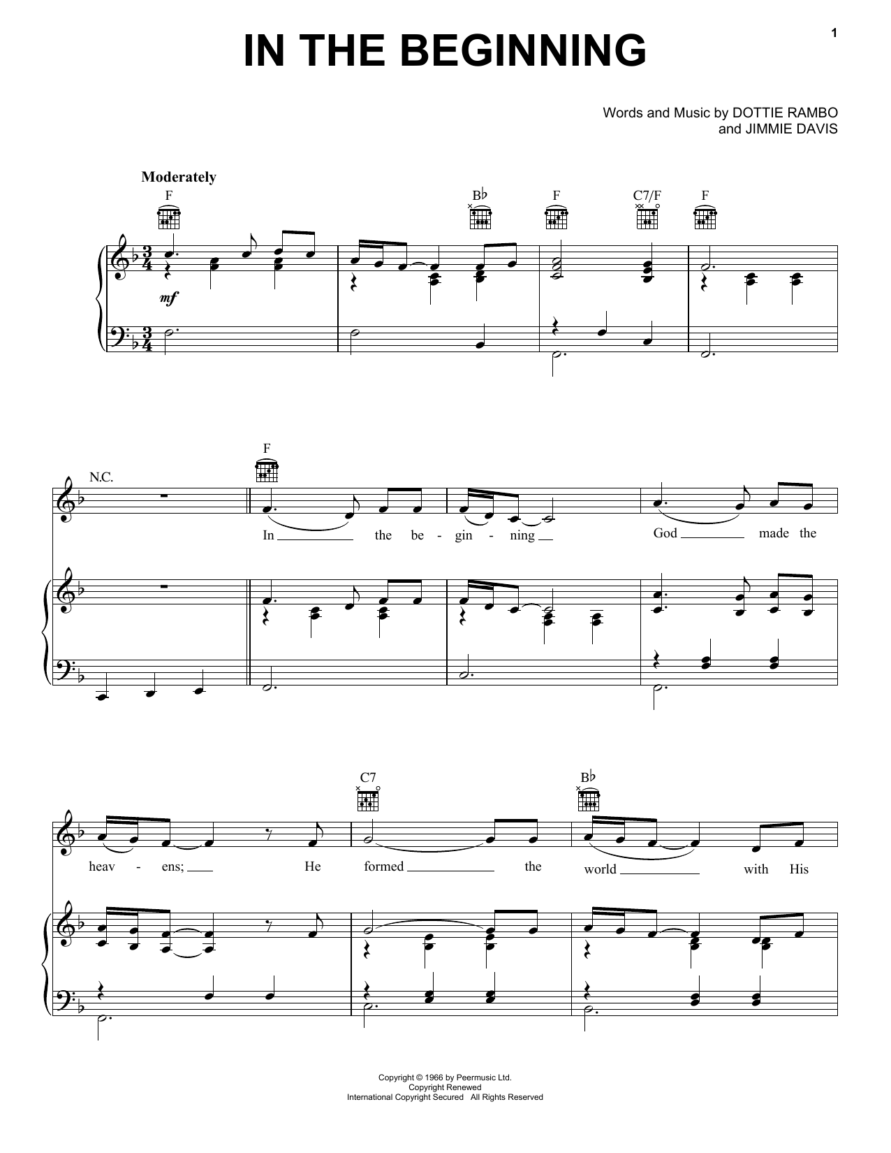 Jimmie Davis In The Beginning Sheet Music Notes & Chords for Piano, Vocal & Guitar Chords (Right-Hand Melody) - Download or Print PDF