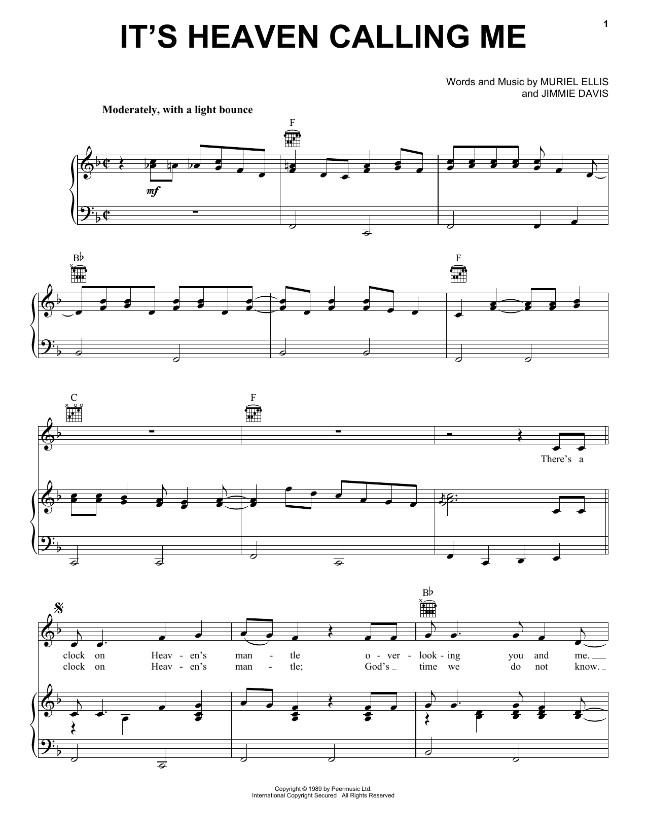Jimmie Davis It's Heaven Calling Me Sheet Music Notes & Chords for Piano, Vocal & Guitar Chords (Right-Hand Melody) - Download or Print PDF