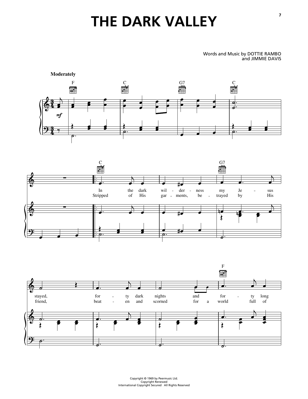 Jimmie Davis The Dark Valley Sheet Music Notes & Chords for Piano, Vocal & Guitar Chords (Right-Hand Melody) - Download or Print PDF