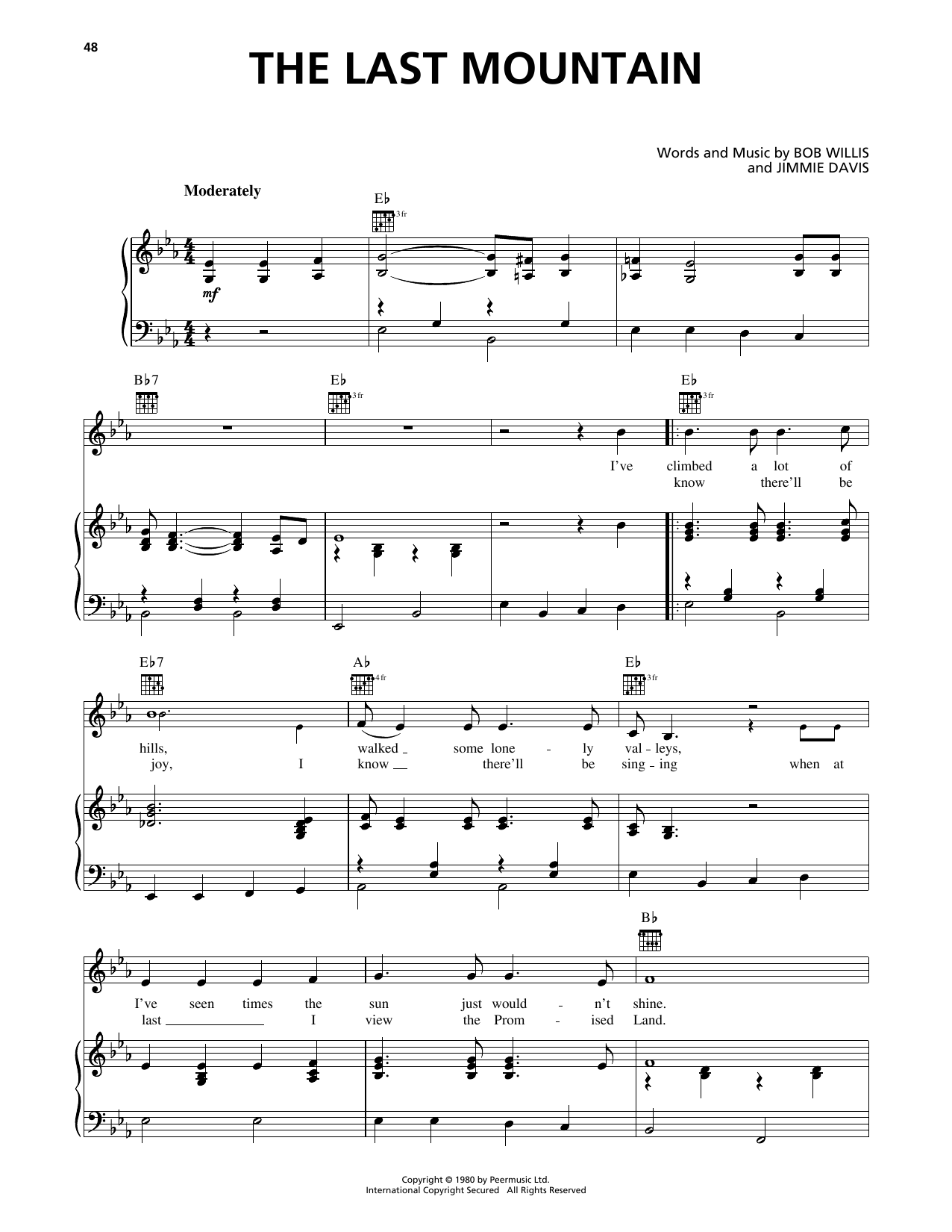 Jimmie Davis The Last Mountain Sheet Music Notes & Chords for Piano, Vocal & Guitar Chords (Right-Hand Melody) - Download or Print PDF Jimmie Davis The Last Mountain Sheet Music Notes & Chords for Piano, Vocal & Guitar Chords (Right-Hand Melody) - Download or Print PDF