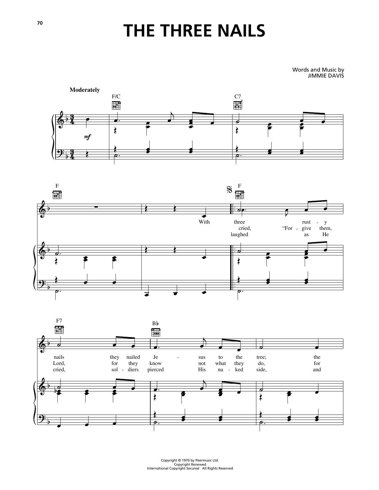 Jimmie Davis The Three Nails Sheet Music Notes & Chords for Piano, Vocal & Guitar Chords (Right-Hand Melody) - Download or Print PDF