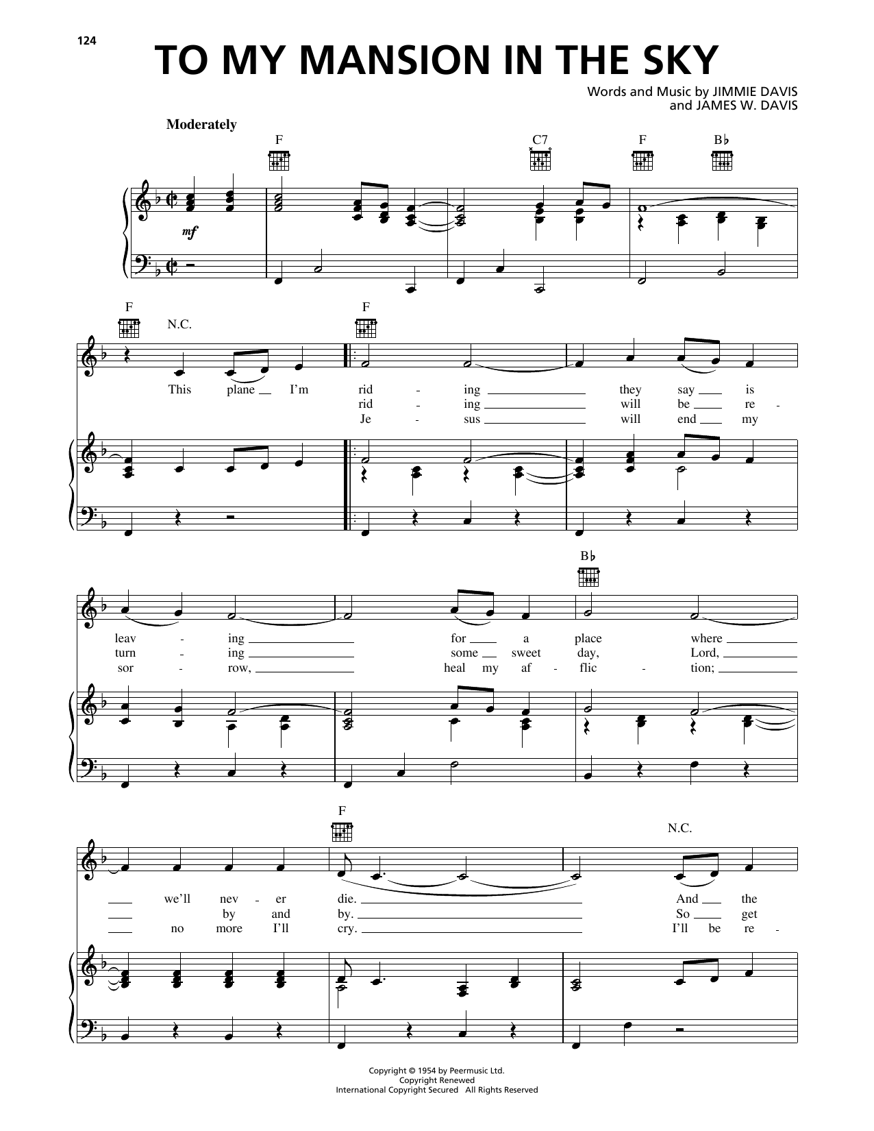 Jimmie Davis To My Mansion In The Sky Sheet Music Notes & Chords for Piano, Vocal & Guitar Chords (Right-Hand Melody) - Download or Print PDF