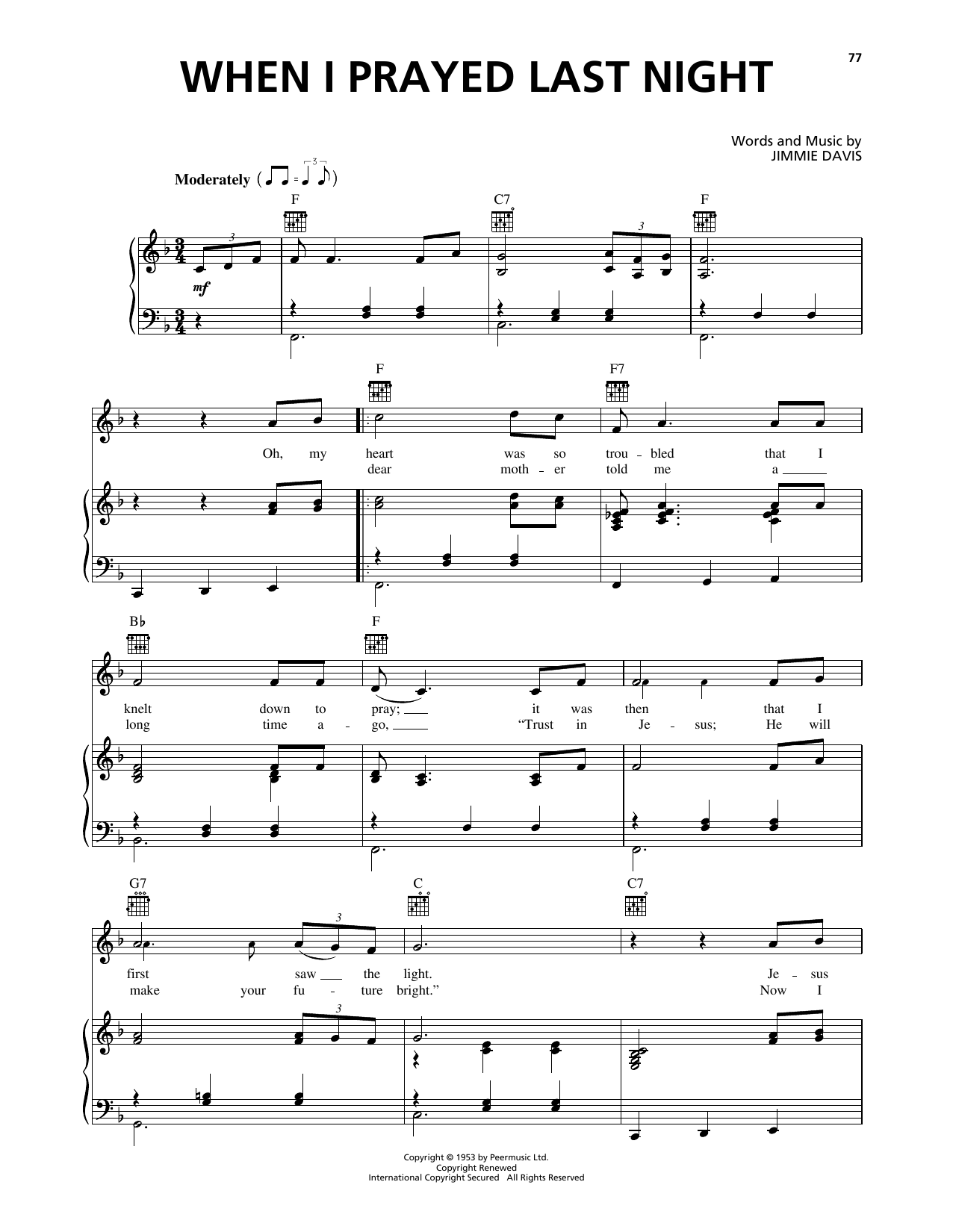 Jimmie Davis When I Prayed Last Night Sheet Music Notes & Chords for Piano, Vocal & Guitar Chords (Right-Hand Melody) - Download or Print PDF