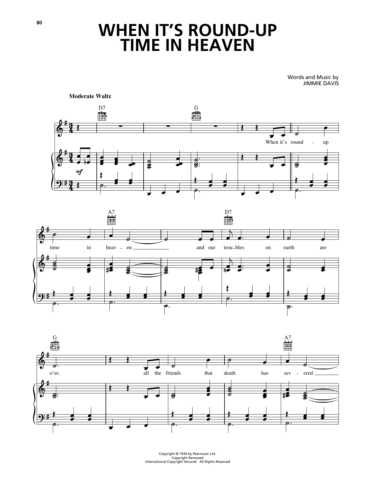 Jimmie Davis When It's Round-Up Time In Heaven Sheet Music Notes & Chords for Piano, Vocal & Guitar Chords (Right-Hand Melody) - Download or Print PDF
