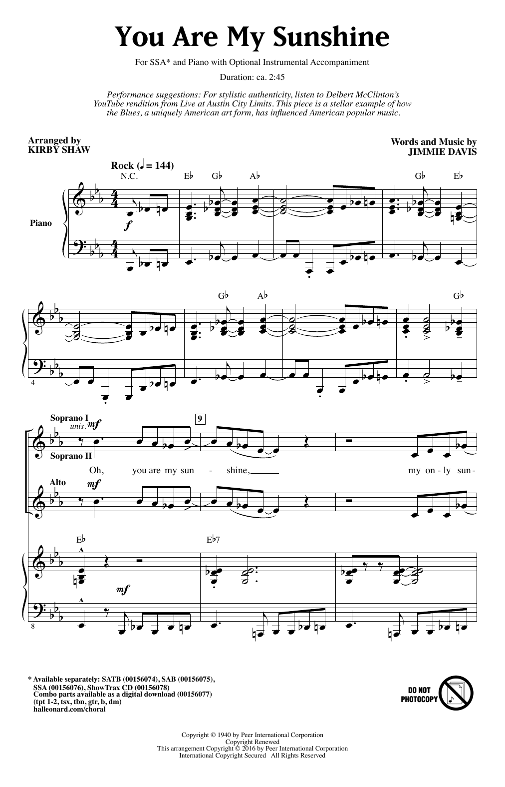 Jimmie Davis You Are My Sunshine (arr. Kirby Shaw) Sheet Music Notes & Chords for SATB Choir - Download or Print PDF