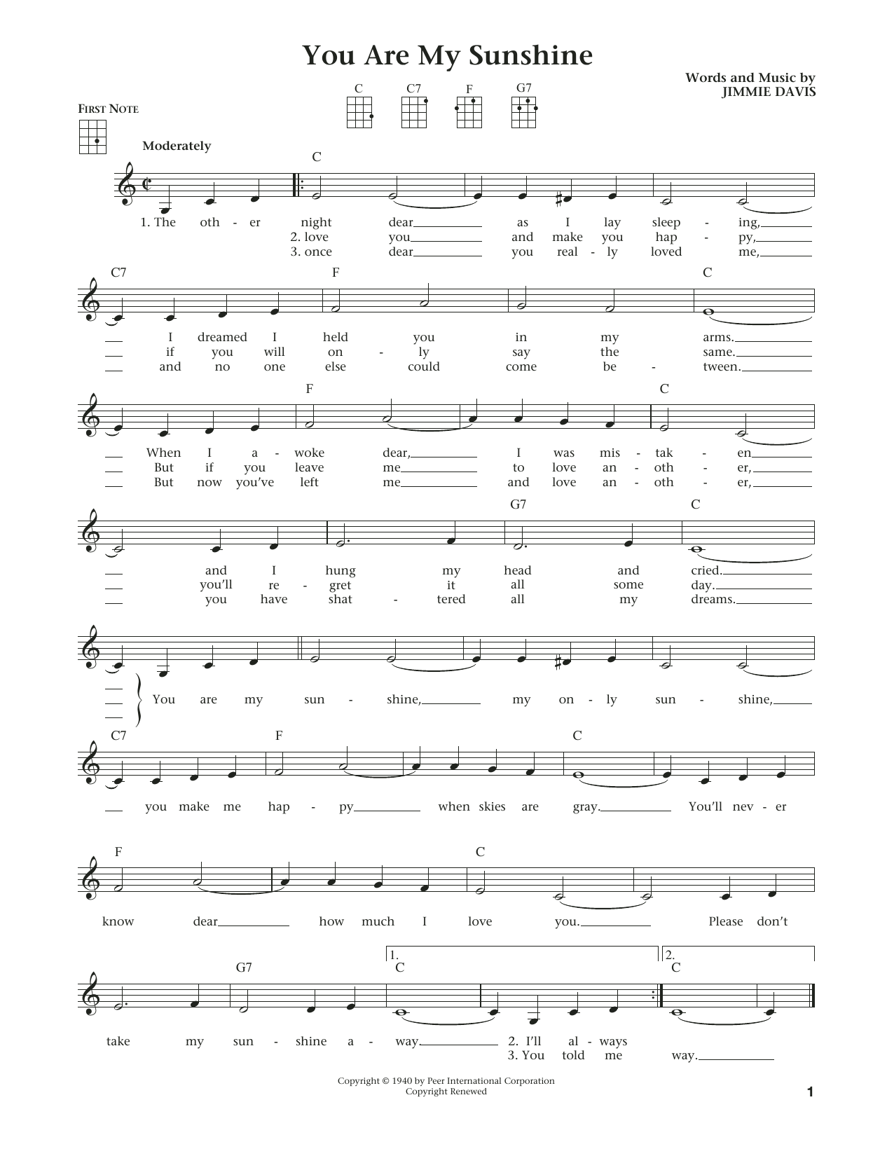 Jimmie Davis You Are My Sunshine (from The Daily Ukulele) (arr. Liz and Jim Beloff) Sheet Music Notes & Chords for Ukulele - Download or Print PDF