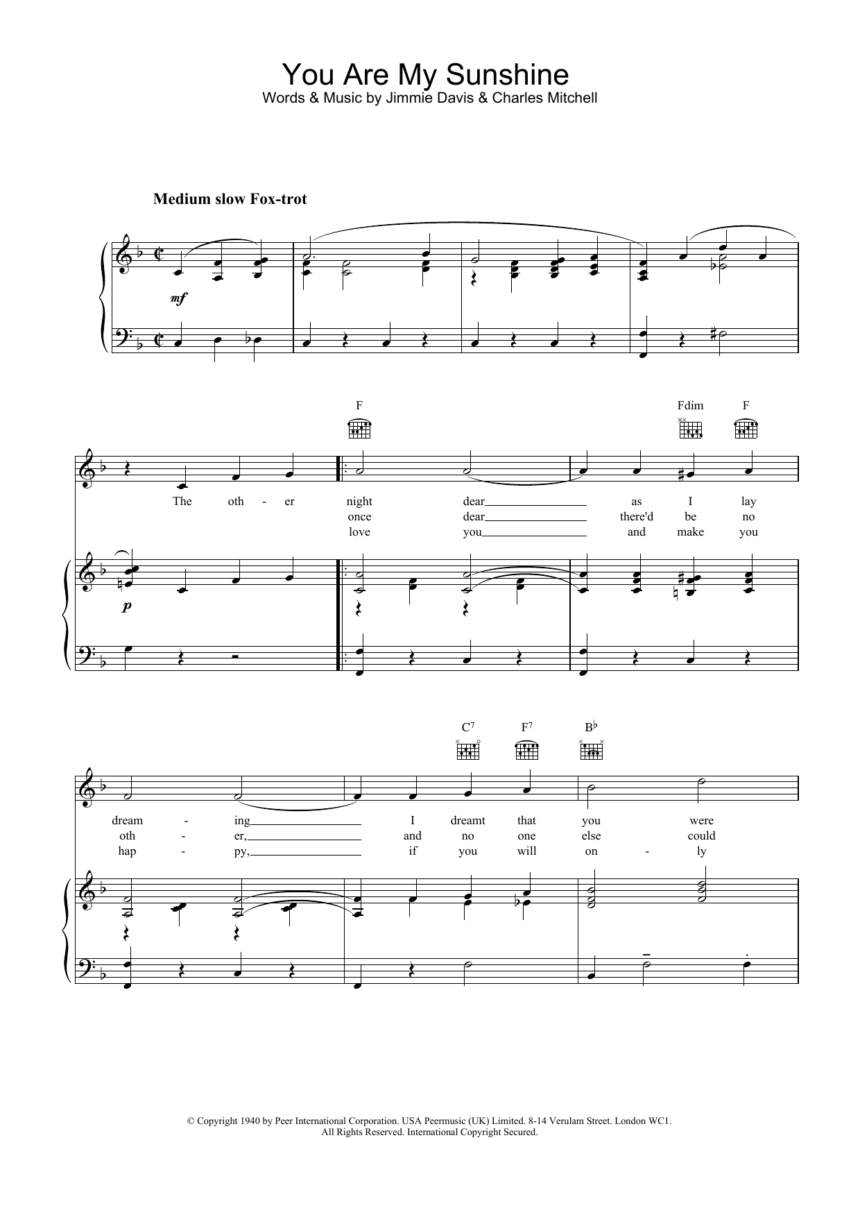 Jimmie Davis You Are My Sunshine Sheet Music Notes & Chords for SPREP - Download or Print PDF