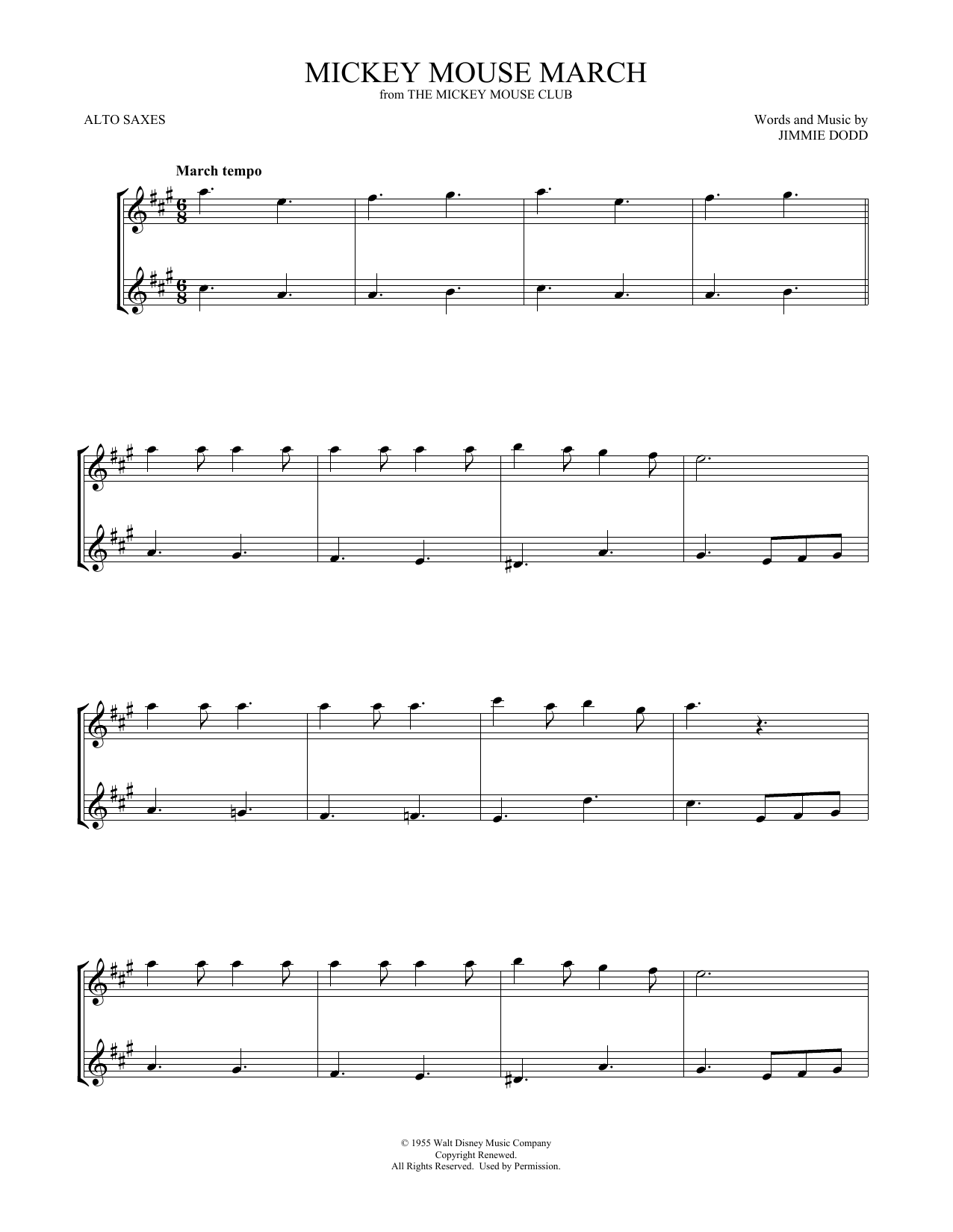 Jimmie Dodd Mickey Mouse March Sheet Music Notes & Chords for Alto Sax Duet - Download or Print PDF