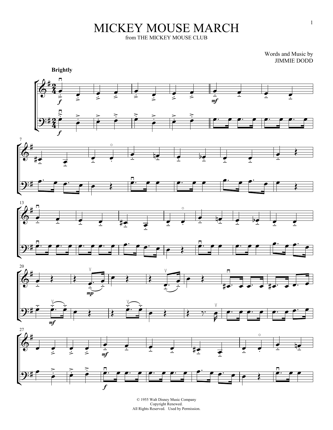Jimmie Dodd Mickey Mouse March (from The Mickey Mouse Club) (arr. Michelle Hynson) Sheet Music Notes & Chords for Instrumental Duet - Download or Print PDF