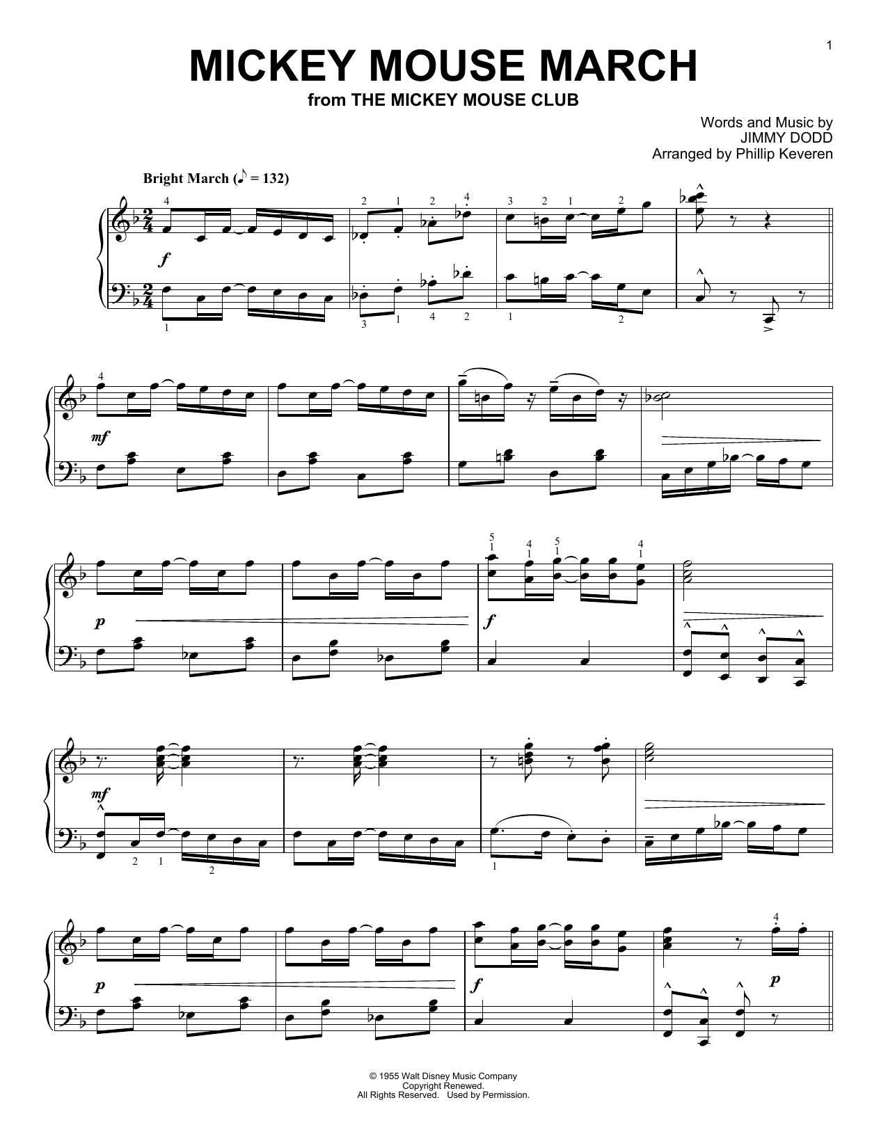 Jimmie Dodd Mickey Mouse March [Ragtime version] (arr. Phillip Keveren) Sheet Music Notes & Chords for Piano - Download or Print PDF