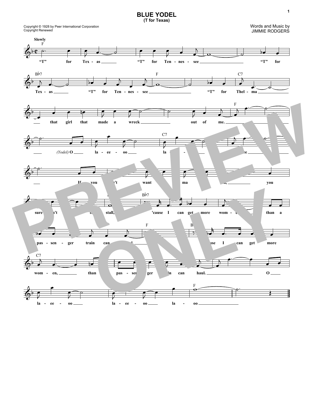 Jimmie Rodgers Blue Yodel No. 1 (T For Texas) Sheet Music Notes & Chords for Melody Line, Lyrics & Chords - Download or Print PDF