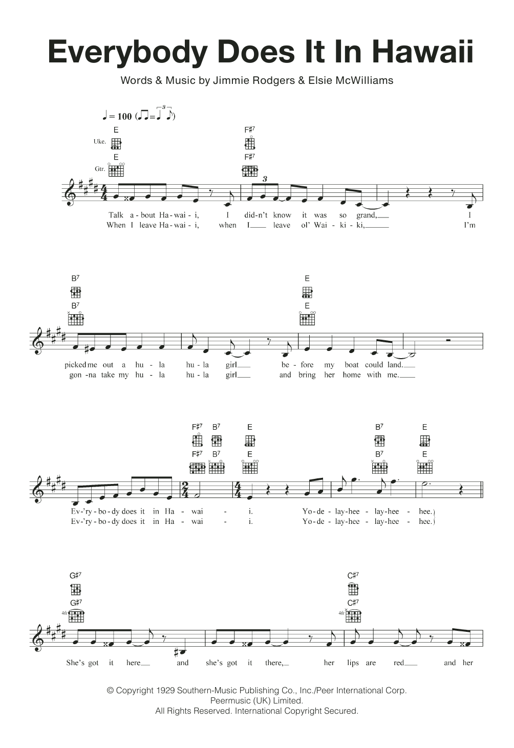 Jimmie Rodgers Everybody Does It In Hawaii Sheet Music Notes & Chords for Ukulele - Download or Print PDF