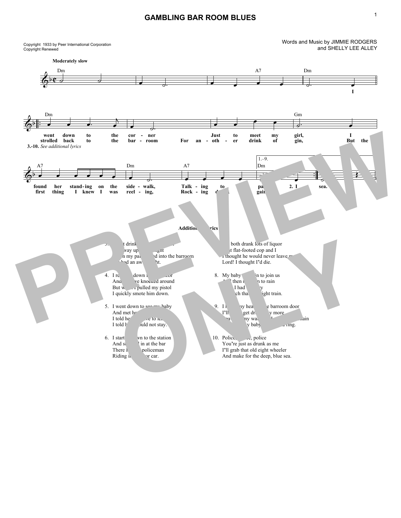 Jimmie Rodgers Gambling Bar Room Blues Sheet Music Notes & Chords for Lead Sheet / Fake Book - Download or Print PDF