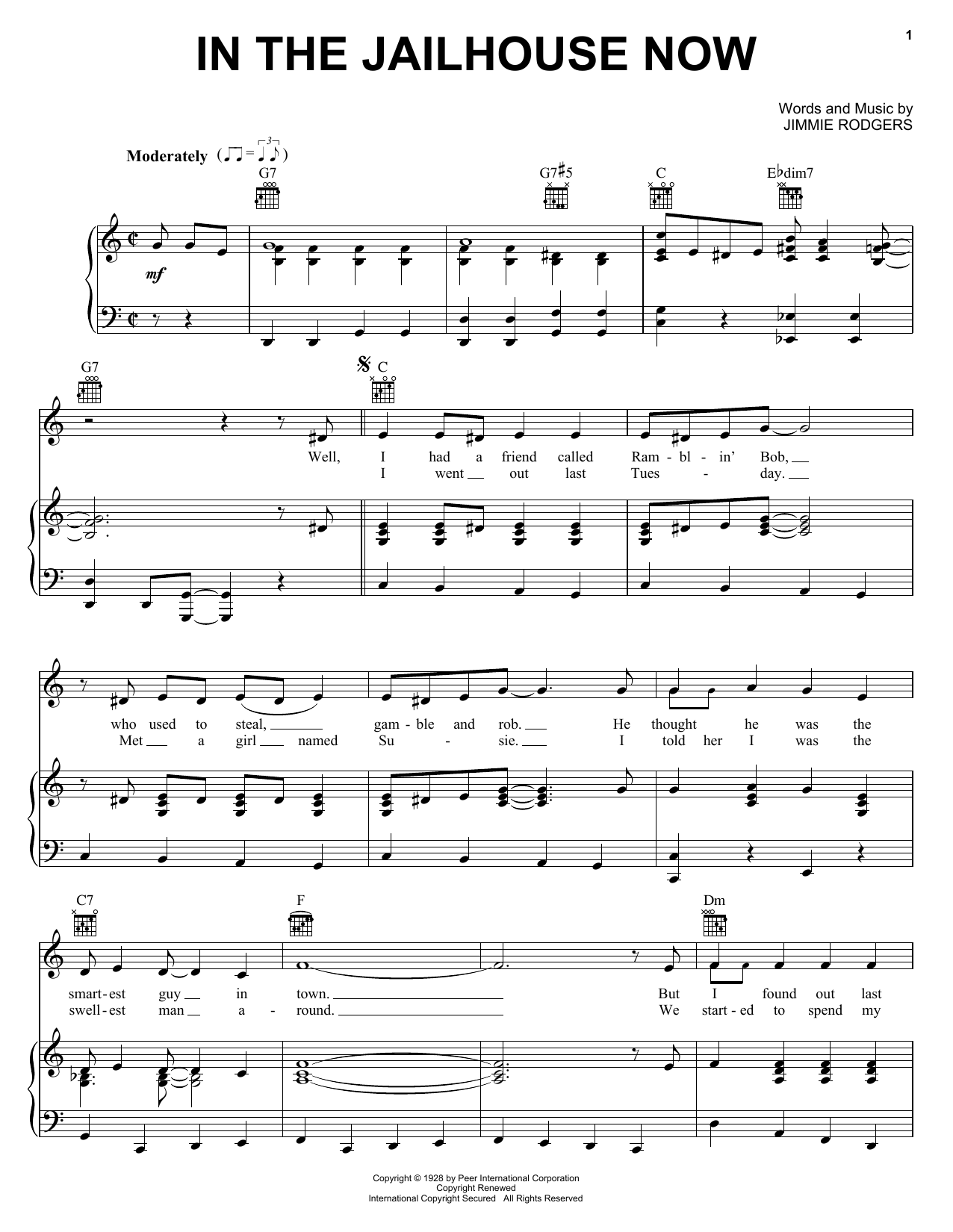 Jimmie Rodgers In The Jailhouse Now Sheet Music Notes & Chords for Lyrics & Chords - Download or Print PDF