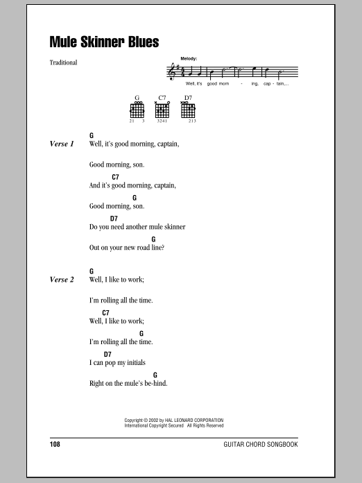 Jimmie Rodgers Mule Skinner Blues Sheet Music Notes & Chords for Real Book – Melody, Lyrics & Chords - Download or Print PDF