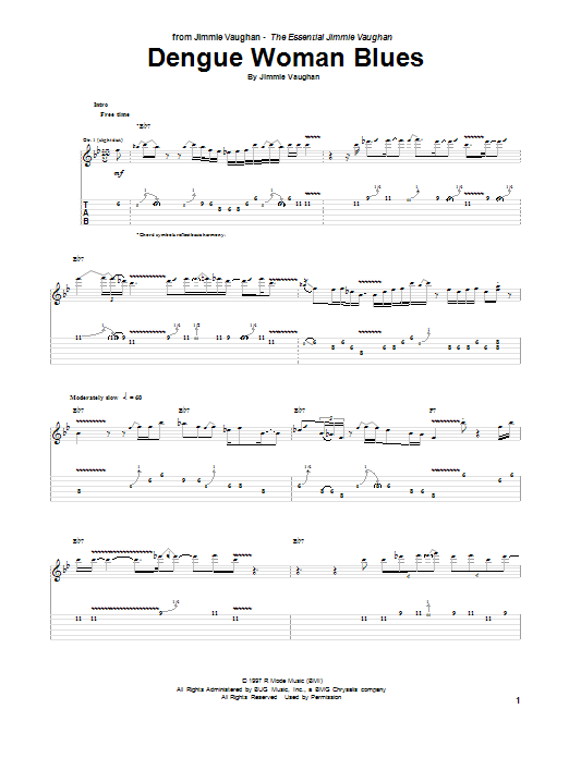 Jimmie Vaughan Dengue Woman Blues Sheet Music Notes & Chords for Guitar Tab - Download or Print PDF