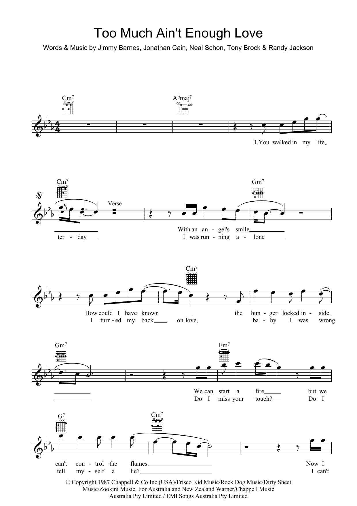 Jimmy Barnes Too Much Ain't Enough Love Sheet Music Notes & Chords for Melody Line, Lyrics & Chords - Download or Print PDF