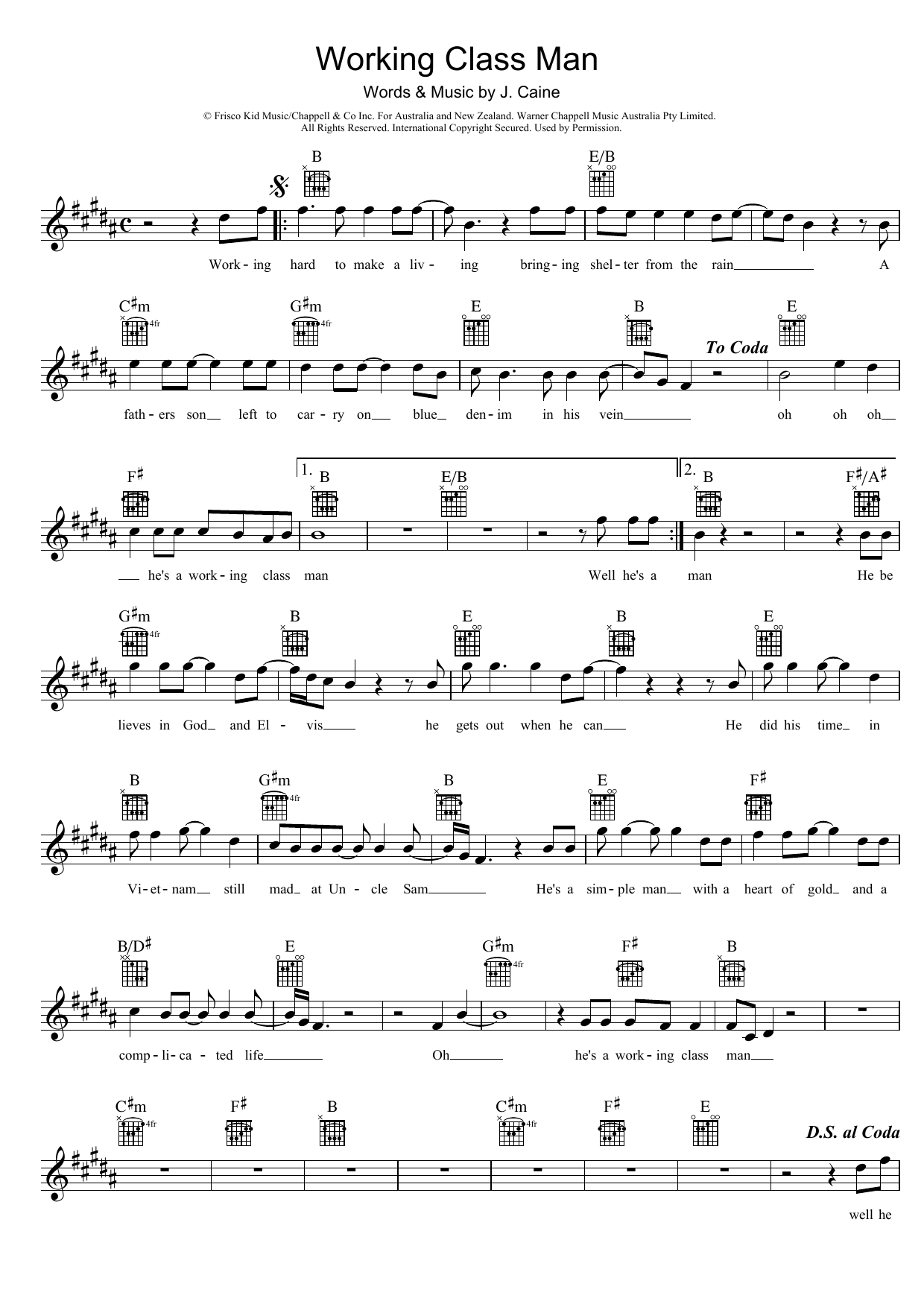 Jimmy Barnes Working Class Man Sheet Music Notes & Chords for Melody Line, Lyrics & Chords - Download or Print PDF