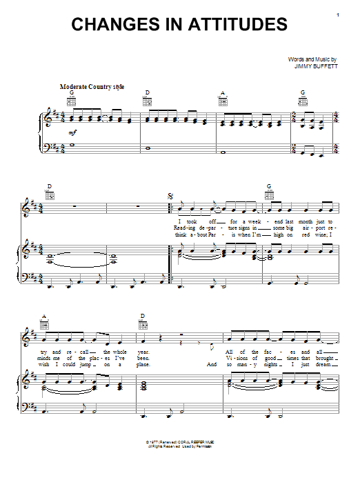 Jimmy Buffett Changes In Attitudes Sheet Music Notes & Chords for Piano, Vocal & Guitar (Right-Hand Melody) - Download or Print PDF