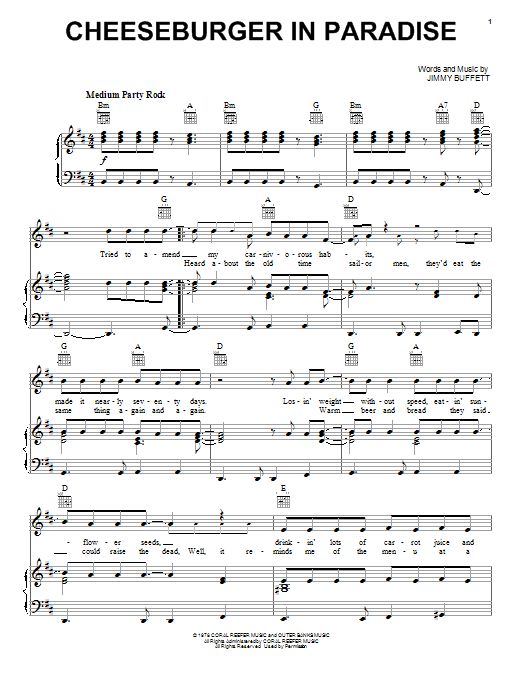 Jimmy Buffett Cheeseburger In Paradise Sheet Music Notes & Chords for Piano, Vocal & Guitar (Right-Hand Melody) - Download or Print PDF