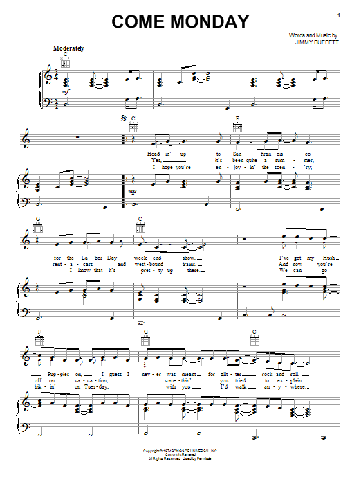 Jimmy Buffett Come Monday Sheet Music Notes & Chords for Piano, Vocal & Guitar (Right-Hand Melody) - Download or Print PDF