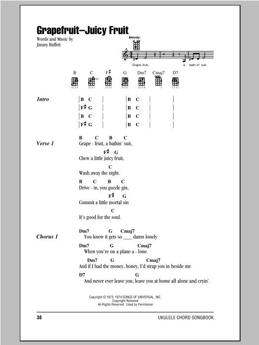 Jimmy Buffett Grapefruit-Juicy Fruit Sheet Music Notes & Chords for Ukulele with strumming patterns - Download or Print PDF