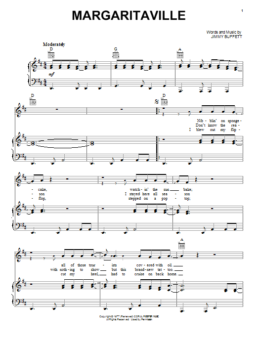 Jimmy Buffett Margaritaville Sheet Music Notes & Chords for Piano, Vocal & Guitar (Right-Hand Melody) - Download or Print PDF