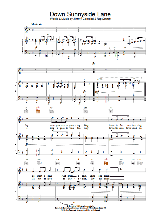 Jimmy Campbell Down Sunnyside Lane Sheet Music Notes & Chords for Piano, Vocal & Guitar (Right-Hand Melody) - Download or Print PDF