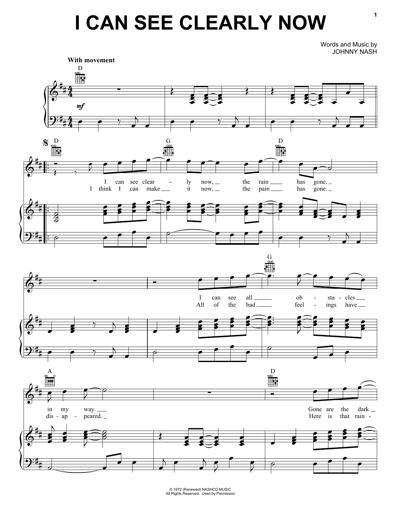 Jimmy Cliff I Can See Clearly Now sheet music notes and chords. Download Printable PDF.