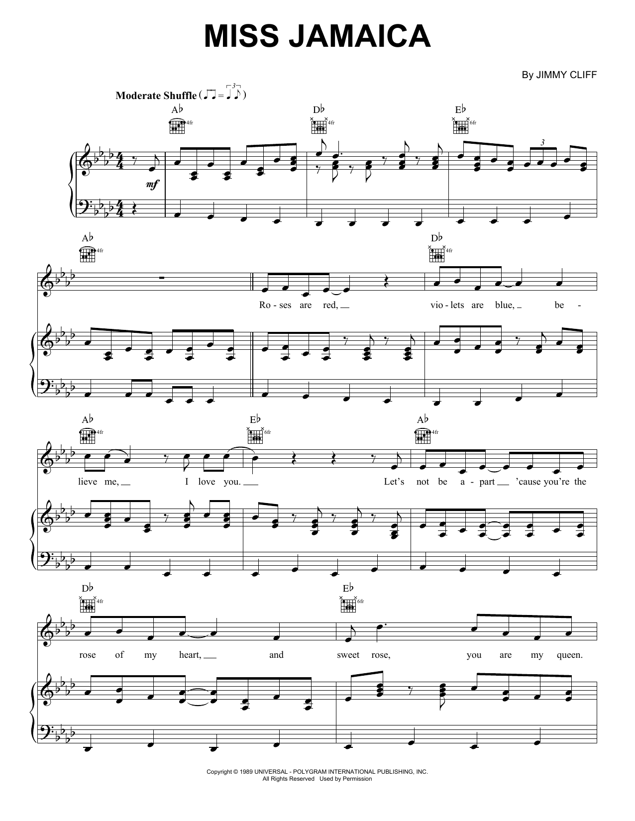 Jimmy Cliff Miss Jamaica Sheet Music Notes & Chords for Piano, Vocal & Guitar Chords (Right-Hand Melody) - Download or Print PDF