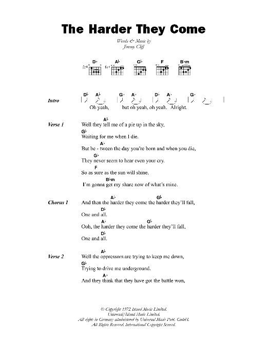 Jimmy Cliff The Harder They Come Sheet Music Notes & Chords for Lyrics & Chords - Download or Print PDF