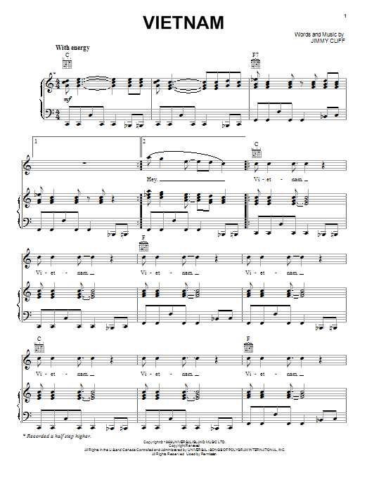 Jimmy Cliff Vietnam Sheet Music Notes & Chords for Piano, Vocal & Guitar (Right-Hand Melody) - Download or Print PDF