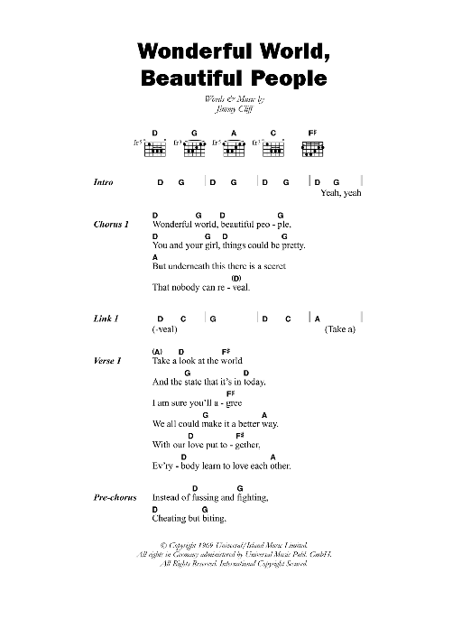 Jimmy Cliff Wonderful World, Beautiful People Sheet Music Notes & Chords for Piano, Vocal & Guitar (Right-Hand Melody) - Download or Print PDF