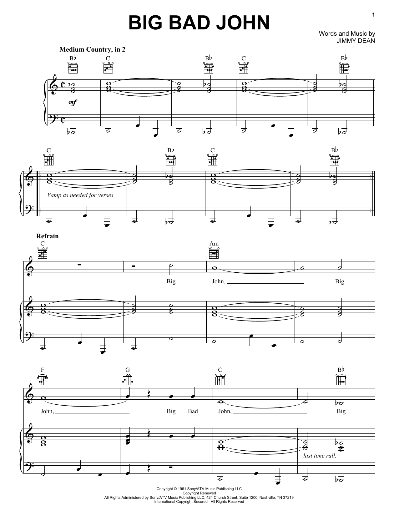 Jimmy Dean Big Bad John Sheet Music Notes & Chords for Lyrics & Chords - Download or Print PDF